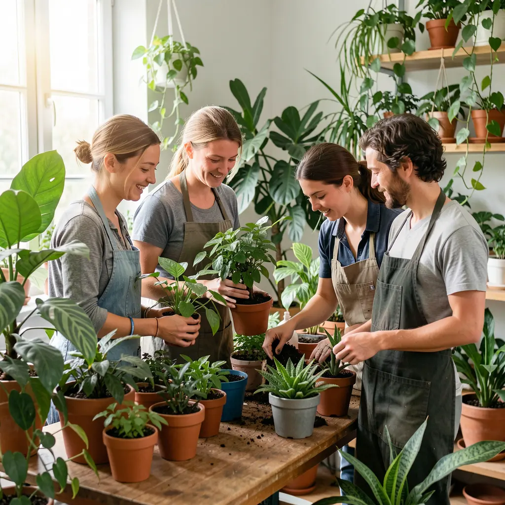 Plant care team working with indoor greenery